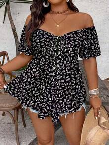 SHEIN VCAY Plus Size Women Elegant Floral Print Sexy Off-Shoulder T-Shirt - Multicolor - View 6