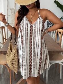 SHEIN VCAY Vestido de playa con cuello en V, sin espalda y estampado de rayas para tallas grandes - Azul y blanco - Ver 1