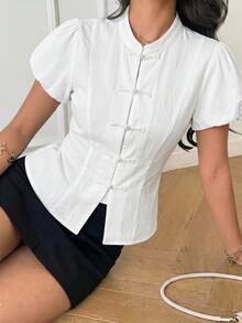 EastFlair Women's Simple Commuter Puff Sleeve Top For Summer - White - View 2
