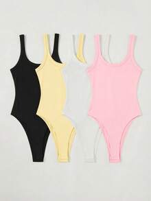 SHEIN BASICS 4件套休闲纯色针织连体衣（女款） - 彩色 - 查看 2