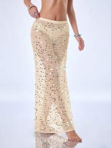 Y2Kool Shiny Mesh See-Through Sexy Hollow Out Y2K Babe Casual Island Holiday Beach Vacation Cover Up Skirt Set, Suitable For Spring/Summer Party, Beige - Beige - View 4