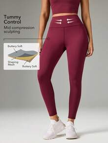 OutZeal Gym Wear Women Sports Leggings Workout Yoga Pilates Tummy Control Mesh Panel Active Bottom - Burgundy - View 2