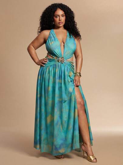 SHEIN BAE Plus Size Avocado Green Printed Y2K Sexy Backless Metal Button Decor Spaghetti Strap Super Short Dress (Beach Party, Carnival Party, Music Festival, Suitable For Beach Vacation, Super Long Printed Dress, Green Long Dress, Pearl Chain Decor Dress, Beach Vacation, Casual Vacation)