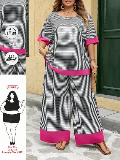 SHEIN CURVE+ 2pcs Plus Size Women's Black & White Striped Print Round Neck Short Sleeve Top And Pants Set, Suitable For Mother's Day, Holidays, Summer Wear, 90s Streetwear, Bohemian Style, Retro Vibe, Suitable For Party, Festivals And Various Occasions