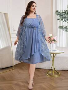 Reflora Conjunto elegante de bata y vestido de malla bordada para mujer de talla grande - Azul - Ver 7