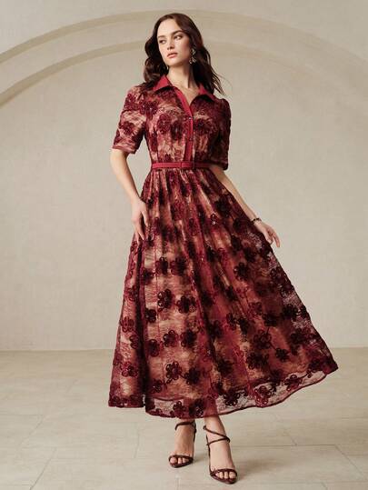 Aveloria Rosie Elegante y grácil vestido midi de manga corta con botones frontales, cuello de encaje rojo oscuro de lujo, cinturón en la cintura y silueta evasé, para mujer, minimalista y generoso