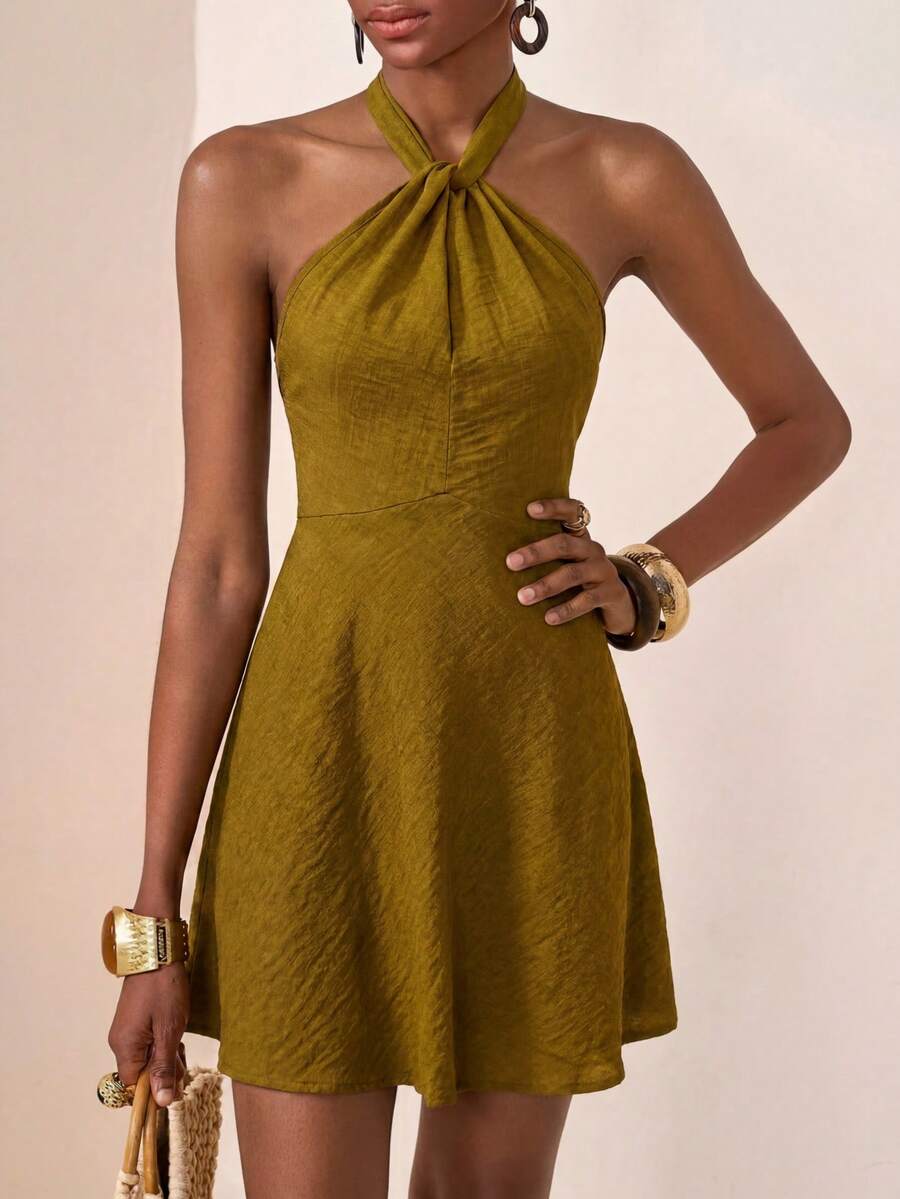 Zivah Women's Textured Pleated Halter Neck Tie Waist Dress, Elegant - Mustard Yellow - View 1