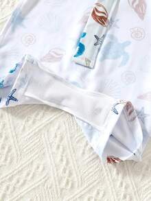 SHEIN 2件套男/女婴休闲可爱趣味沙滩贝壳印花长袖泳衣和泳帽，适合春夏度假、户外、沙滩、泳池派对 - 彩色 - 查看 8