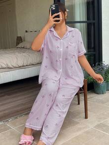 Napfluff CURVE Napfluff CURVE Plus Size Ruffled Collar Open Front Bow Striped Print Short Sleeve Pajama Set - Mauve Purple - View 6