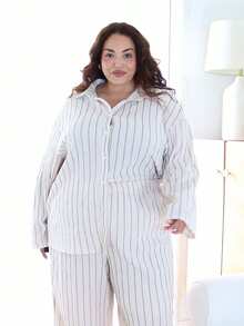 Pretty and Ole Plus Size Casual Minimalist Basic Striped 2 Pieces Set, Loose Fit Elegant - Apricot - View 5
