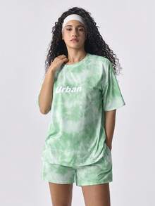 Loungeista Bộ 2 món đồ thể thao thường ngày nữ in chữ nhuộm tie-dye, áo thun cổ tròn dáng rộng và quần short/quần dài mặc nhà, bộ đồ ngủ thoải mái mặc ở nhà cho mùa hè - Màu xanh Bạc hà - Xem 1