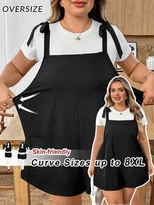 SHEIN CURVE+ 大码女式工作服，休闲多功能黑色吊带背心，春夏连体裤，带口袋 - 黑色 - 查看 1