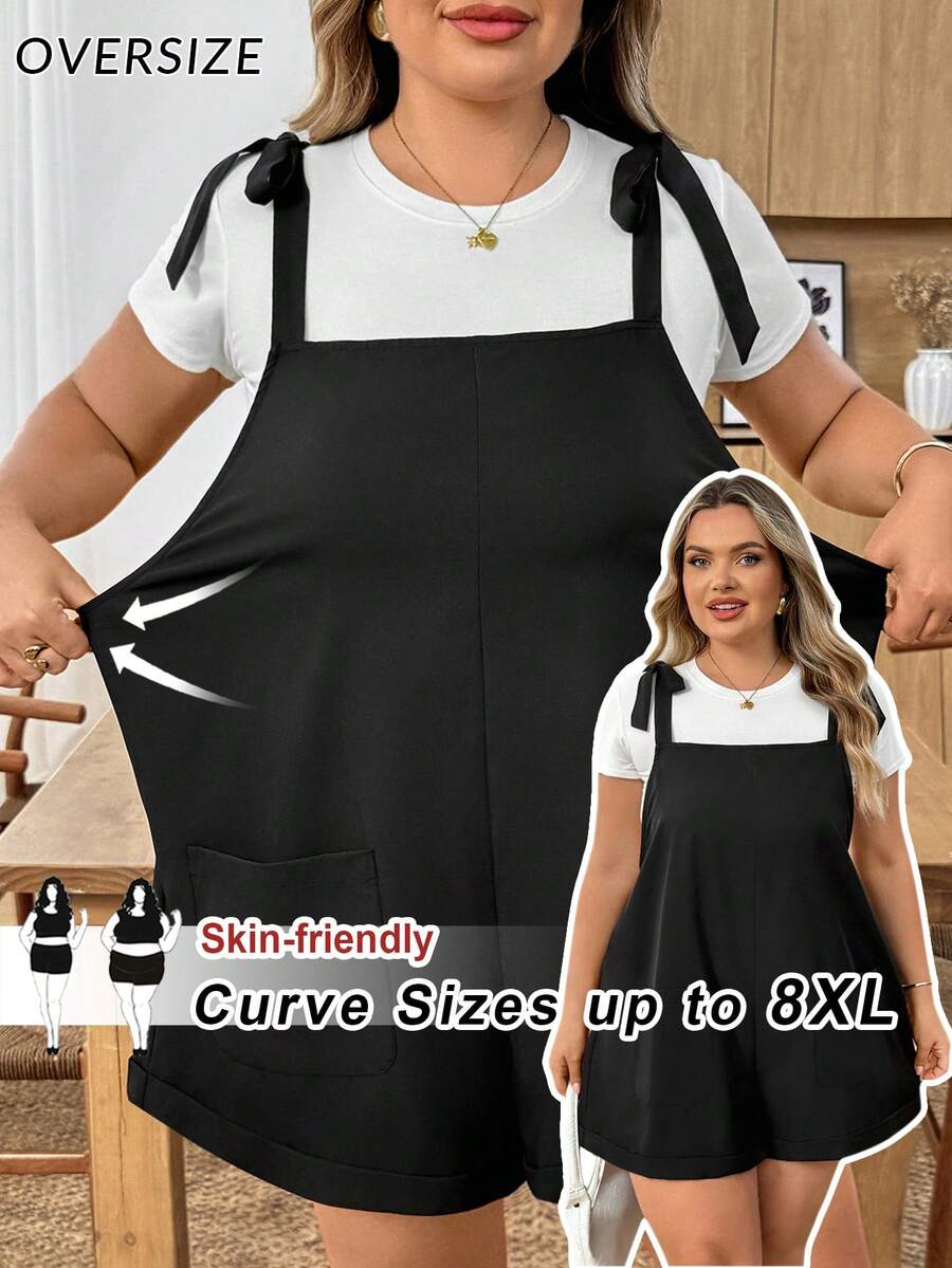 SHEIN CURVE+ 大码女式工作服，休闲多功能黑色吊带背心，春夏连体裤，带口袋 - 黑色 - 查看 1