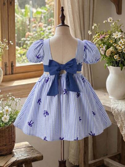 SHEIN Baby Girl Woven Striped Bow Decor Square Neck Petal Sleeve Casual Dress