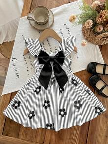 SHEIN LMoss Kids 女婴条纹碎花方领荷叶边下摆休闲连衣裙 - 黑與白 - 查看 6