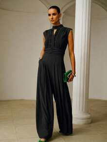 ZEYLAH Elegant Gathered Wide Leg Jumpsuit, Spring/Summer - Black - View 7