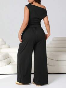 Solflare Plus Size Women Black Asymmetric Collar Top And Wide Leg Pants With Slant Pockets, 2 Pieces Set, Spring/Summer - Black - View 2