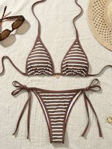 Swim Mod Women's New Solid Color Triangle Cup Bikini Set, Sexy Tie-Up Contrast Color Swimwear 2 Pieces - Brown - View 3