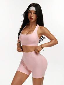 SHEIN Bộ 2 món đồ thể thao cơ bản, thấm hút mồ hôi, không đường may, thiết kế nâng đỡ, màu hồng nhạt, thích hợp cho tập thể dục/yoga. - Nhiều màu - Xem 7