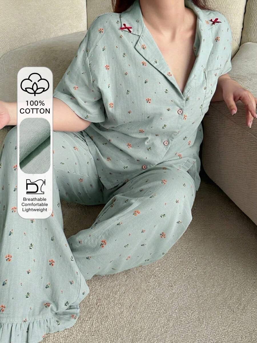 Dazy Plus 可愛花卉圖案寬鬆開襟短袖上衣與荷葉邊長褲2件式睡衣套裝,大尺碼女款春夏款 - 薄荷綠 - 查看 1