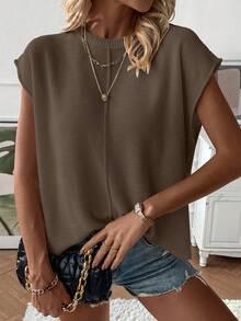 EMERY ROSE Women's Casual Commuting Minimalist Solid Color Cap Sleeve Loose Knit Sweater Vest - Mocha Brown - View 4