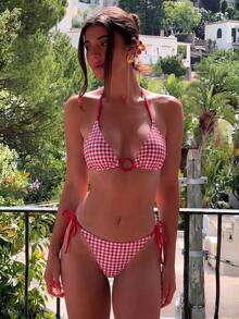 Swim Vcay Bikini de dos piezas para mujer, Bottom de bikini con cuello de halter y lazos laterales para vacaciones dulces - Multicolor - Ver 1