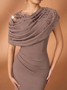 Aureia Elegant Elastic Knit Contrast Mesh Mermaid Hem Dress,Luxurious Asymmetric Ruffled Shoulder With Floral Applique,Beaded & Rhinestone For Evening Party - Dusty Pink - View 6