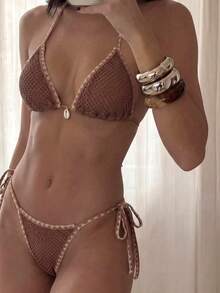 Costavie Set Bikini Seksi Wanita Warna Polos Model Halter Neck, Set Bikini Terpisah, Baju Renang untuk Liburan Pantai Musim Panas - Coffee Brown - View 2