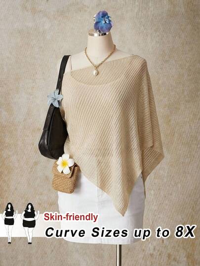 SHEIN CURVE+ The Elegant Bohemian Style Off Shoulder Top For Plus Size Women Features An Asymmetrical Hem And Loose Knit Pullover Design, Making It Perfect For Occasions Such As Vacations, Dates, Afternoon Tea, Music Festivals, And More. Its Bohemian Style Makes It Perfect For Dates, Evening Outings, And Summer Wear, And Can Also Be Worn As A Bikini Top. In Addition, It Is Also Suitable For Island Vacations, Weddings, And Summer Clothing.