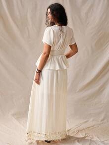 Nubod White,Summer,Boho,Tea Party,Holiday Plus Size Pleated Chiffon V-Neck Short Sleeve Cinched Waist Dress & Elastic Maxi Skirt,2-Piece Set With Shell Trim - Apricot - View 2