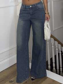 Ronhire Celana Jeans Kasual Wanita dengan Kancing Depan dan Saku Sederhana - Biru - View 6