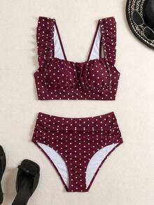 Swim Basics 2pcs Women's White Polka Dot Summer Cute Retro Vintage Holiday Pool Party Elegant Ruffle Strap Pleated Top&High Waist Ruched Triangle Bottoms Set - Burgundy - View 5