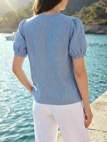 Dayvera Áo cardigan tay ngắn bằng vải lanh viền ren kiểu Pháp lãng mạn - Màu xanh nhạt - Xem 2