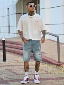 Devon Thys Quần short denim xanh bạc màu kiểu vintage dành cho nam, quần short ôm dáng thời trang rách rưới cho mùa hè. - Rửa trung bình - Xem 1