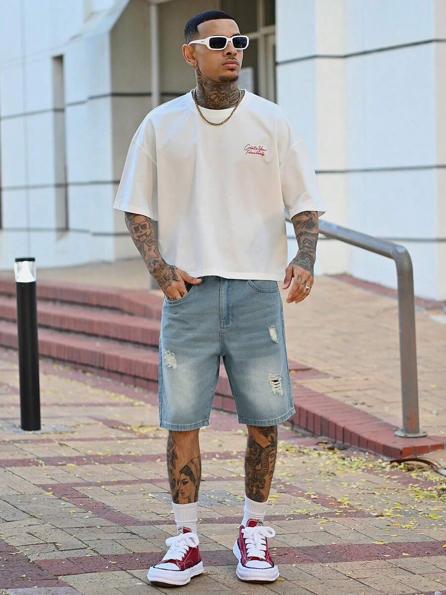 Devon Thys Quần short denim xanh bạc màu kiểu vintage dành cho nam, quần short ôm dáng thời trang rách rưới cho mùa hè. - Rửa trung bình - Xem 1