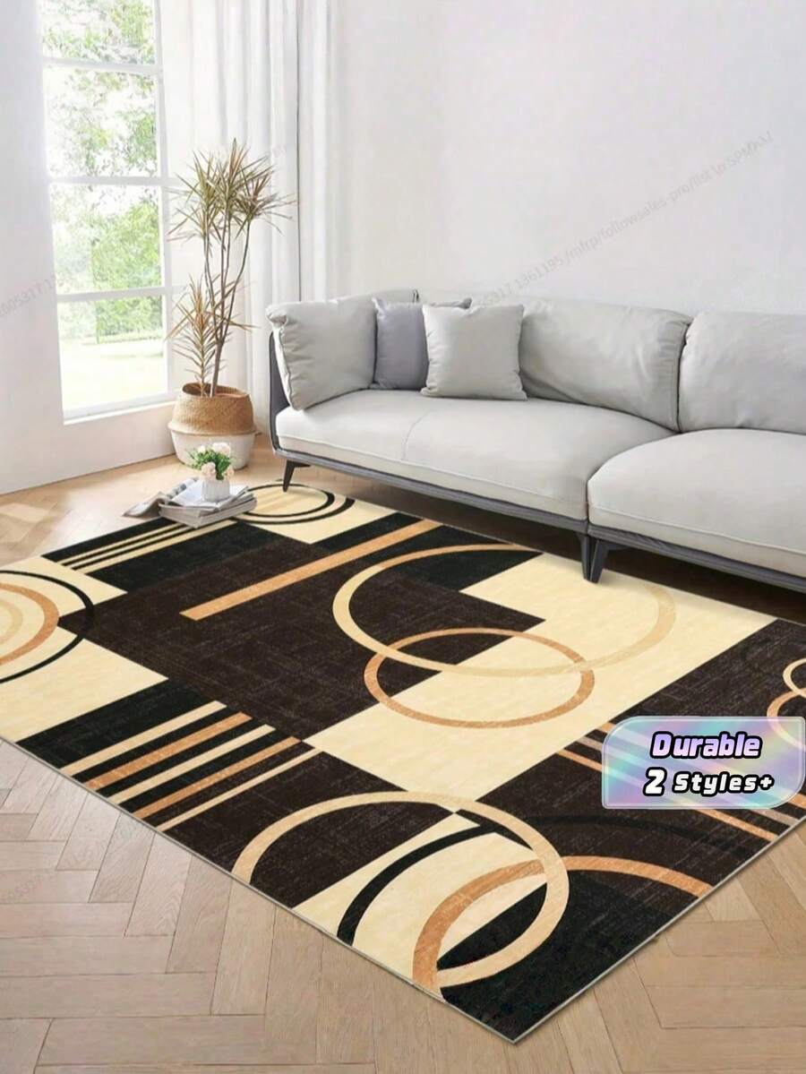 1 Stück waschbarer Teppich, modernes geometrisches Muster, geeignet für Wohnzimmer, Schlafzimmer, Büro, gestreiftes Kreismuster, zeitgenössischer abgenutzter Stil, niedriger Flor, neutrale weiche Farben, Patchwork-Quadratmuster. - Mehrfarbig - Übersicht 1
