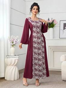 Yasmyna Gaun Musim Semi & Musim Panas Elegan dengan Leher Persegi, Kain Bordir Patchwork, dan Pinggang Ramping untuk Wanita - Burgundy - View 5