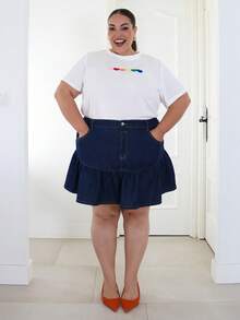 Pretty and Ole 大码女式拼接荷叶边下摆时尚牛仔迷你裙 夏季假日春季女式情人节沙滩裙 优雅派对生日裙 度假女式休闲裙 Y2K黑色女式裙子 深色水洗荷叶边牛仔迷你裙，喇叭下摆 - 深色水洗藍 - 查看 1