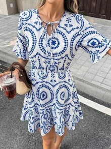 Pariaura 女款春夏法式優雅領結V領短袖荷葉邊波點迷你洋裝 - 藍白色 - 查看 3