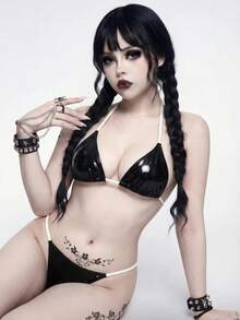 ROMWE Goth Bộ bikini hai mảnh màu đen thanh lịch dành cho nữ, thích hợp cho kỳ nghỉ, tiệc tùng, đi biển, hàng mới về. - màu đen - Xem 5