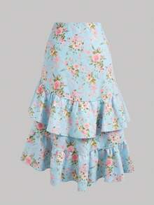SHEIN MOD Plus Size Women Floral Print Ruffle Hem Asymmetric Skirt - Blue - View 2