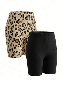 2 sets de leggings para niñas, incluye diseños versátiles de estampado de leopardo clásico y negro sólido, hechos de tela de punto de poliéster suave y amigable con la piel con caída suave y ajuste cómodo, silueta ajustada, lavable a máquina - Multicolor - Ver 6