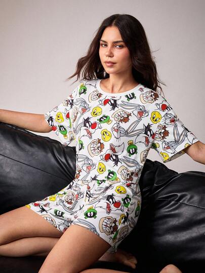 LOONEY TUNES X SHEIN Damen Rundhals Kurzarm Top und Shorts Pyjama Set