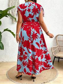 SHEIN Clasi Plus Size Women's Royal Blue V-Neck Split Dress Maxi Women Outfit Vacation Summer Boho - Rose Red - View 2