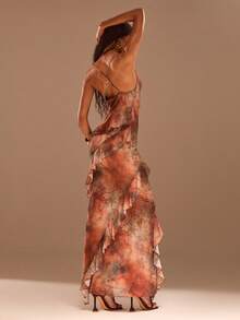 Opulessa Vestido ajustado con volantes y estampado de malla de punto para mujer, ideal para vacaciones de primavera y verano - Caqui - Ver 2
