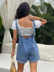 Sunnyshic Bộ áo liền quần denim dây đeo rộng - Rửa nhẹ - Xem 2
