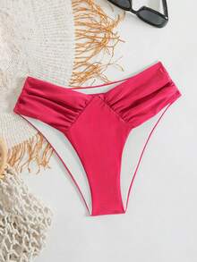 Swim Basics 女士纯色褶皱 V 领比基尼泳裤，夏季泳装 - 西瓜粉 - 查看 4