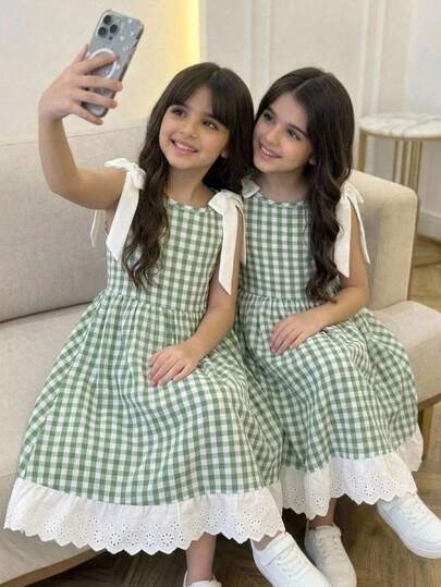 Young Girl Casual Elegant Fashion Daily Versatile Red & White Plaid Round Neck Detachable Bow Sleeveless Dress