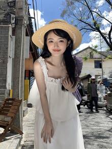 DAZY Áo hai dây phối ren cho nữ + Bộ đồ mặc nhà kiểu Hàn Quốc thanh lịch 2 món, thích hợp cho mùa xuân/hè. - trắng - Xem 1