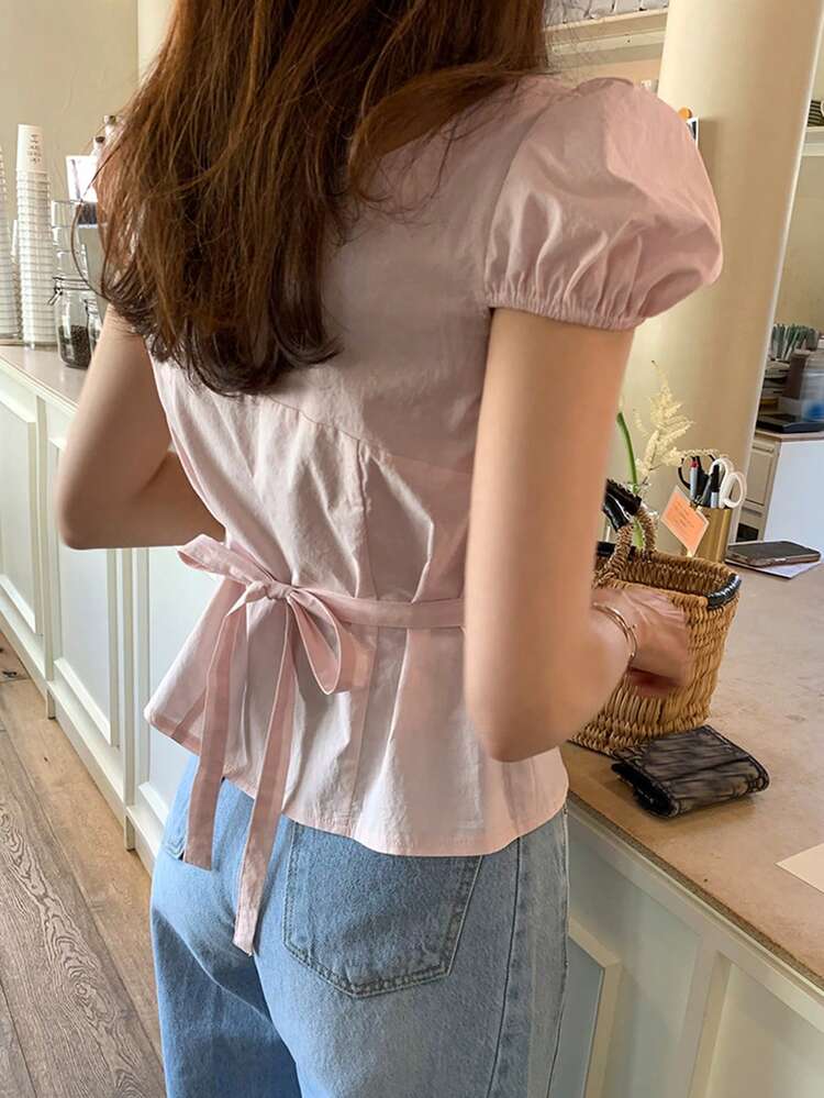 Women/Girls' Korean Style Tie-Up Short Sleeve Blouse, Spring/Summer